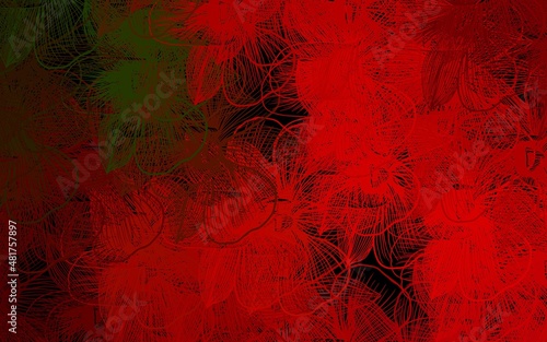 Dark Green, Red vector doodle background with flowers.