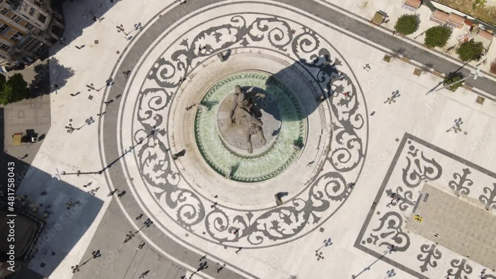 Skopje, North Macedonia, Birds Eye Aerial View, Alexander III The Great Monument on Main Square on Sunny Day, Top Down Drone Shot Skopje, North Macedonia, Birds Eye Aerial View, Alexander III The Great Monument on Main Square on Sunny Day, Top Down Drone Shot