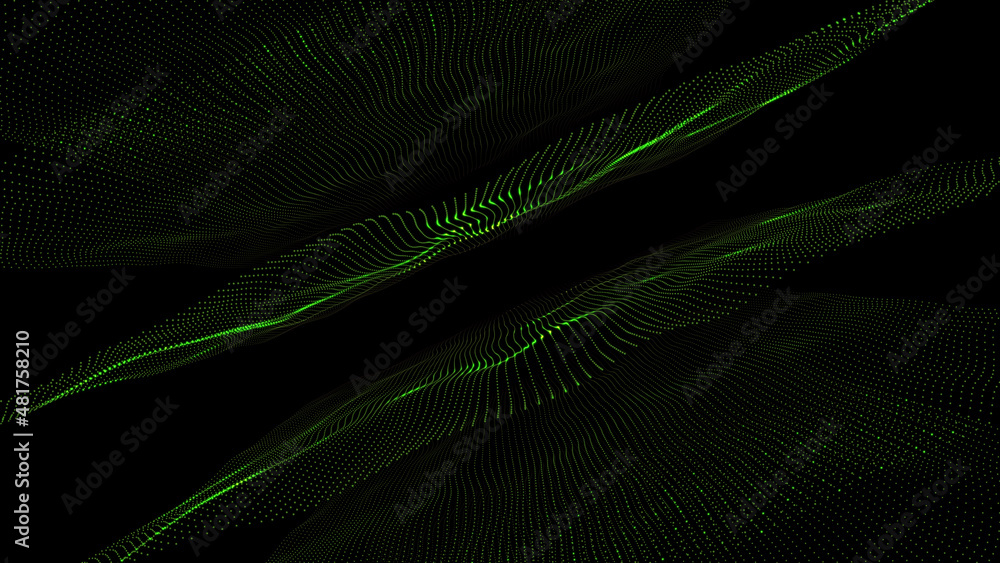 flying green particles on a black background. dark abstract background ...