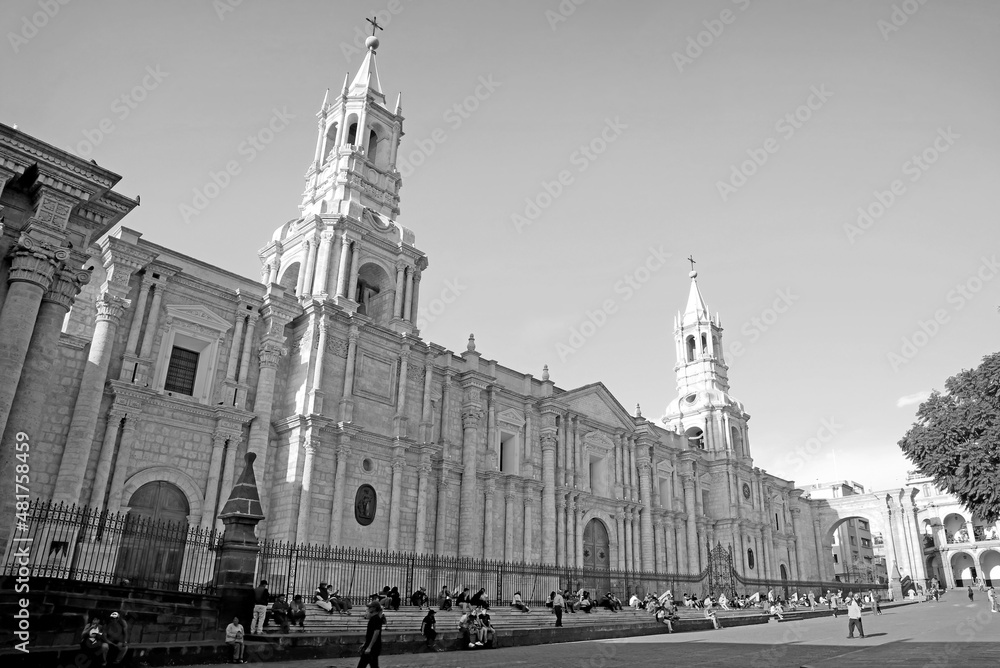Basilica Cathedral of Arequipa, Gorgeous Landmark on Plaza de Armas Square of Arequipa, Peru, South America in Monochrome