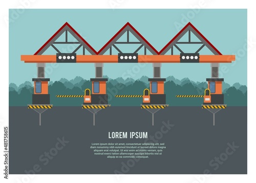 Empty highway gate with trees silhouette background. Simple flat Illustration.