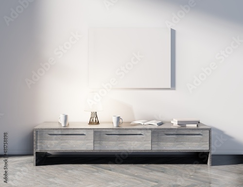 Blank horizontal poster mockup on white background above the cabinet in living room interior. 3D rendering.