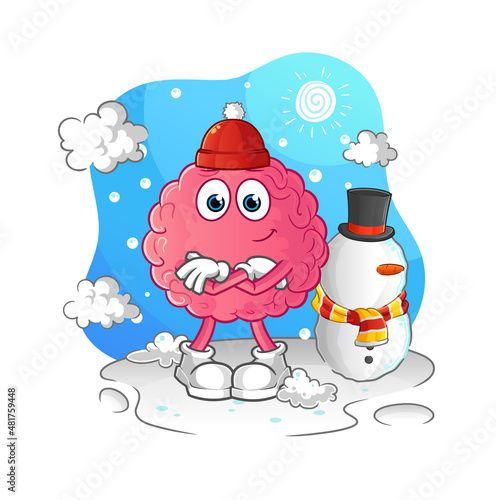 brain in cold winter character. cartoon mascot vector