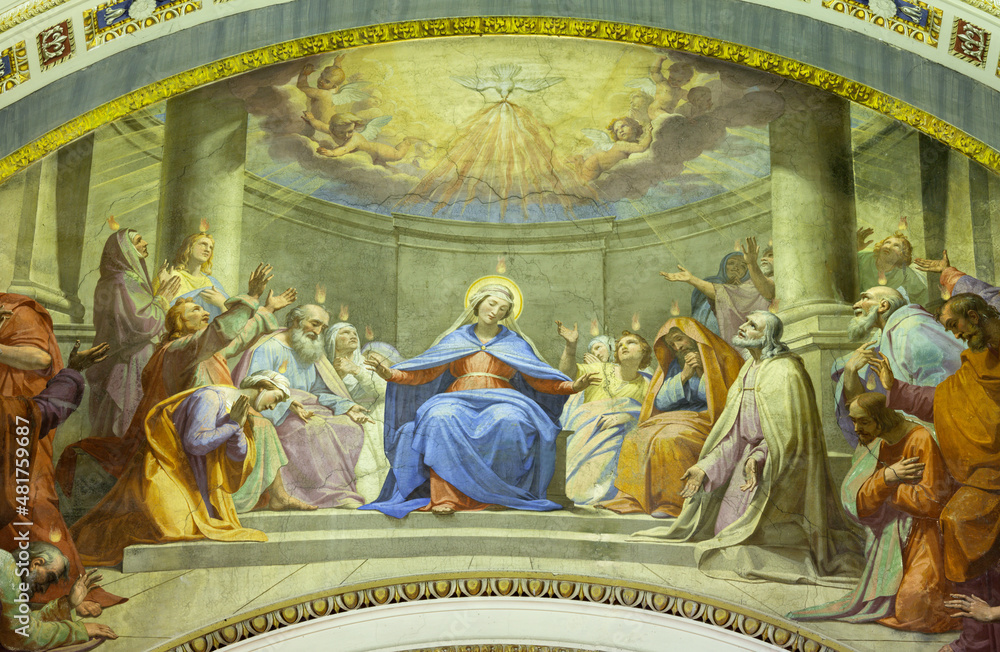 ROME, ITALY - AUGUST 28, 2021: The detail of fresco of Pentecost in the church Chiesa di Santo Spirito dei Napoletani by Pietro Gagliardi  from 19. cent.