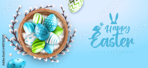 Holiday Easter background with colorful easter eggs in the nest. Greeting card or poster. Vector illustration