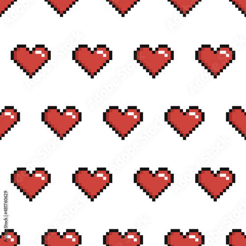 Pixel art seamless pattern with red hearts on a white background.