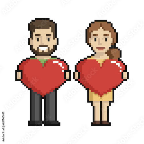 Pixel art set of couple of man and woman with hearts on a white background.