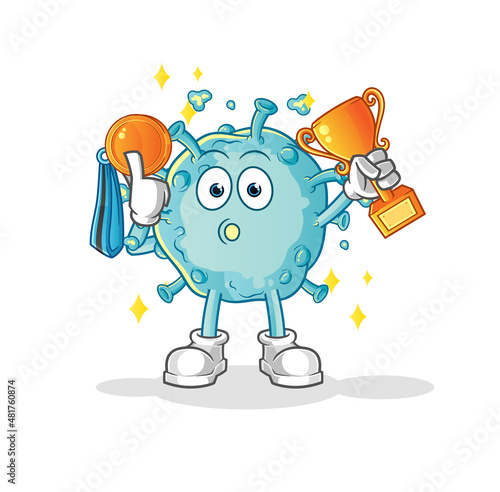 corona virus winner with trophie. cartoon character