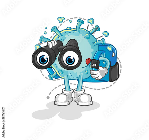 corona virus with binoculars character. cartoon mascot vector