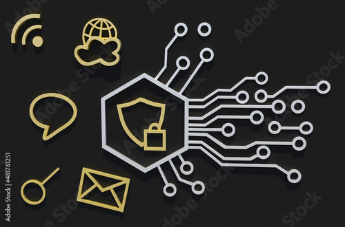  a stylized microchip with a lock and shield a badge of the Internet  mail  SMS wifi protection of personal data from hacking.Gold and silver on a dark gray background