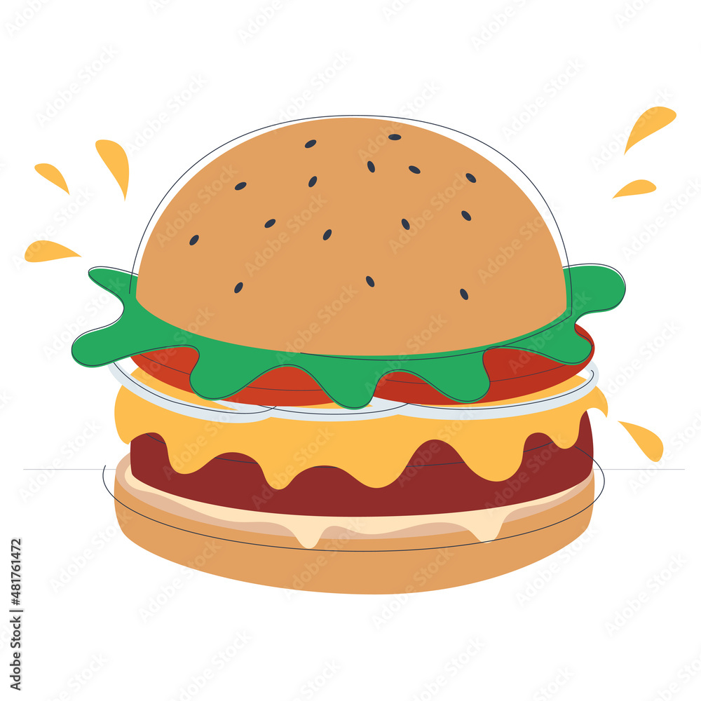 Juicy burger with cheese cutlet tomatoes in a fried bun with sesame seeds. Flat vector cool illustration Juicy burger with cheese cutlet tomatoes in a fried bun with sesame seeds. Flat vector cool illustration