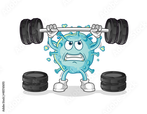 corona virus lifting the barbell character. cartoon mascot vector