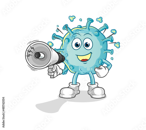corona virus holding hand loudspeakers vector. cartoon character