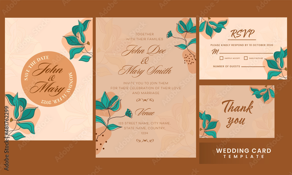 Floral Wedding Card Suite As Save The Date, RSVP, Thank You Template Layout On Brown Background.