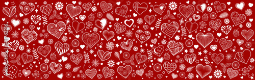 Valentine's hearts doodle banner. Vector horizontal red background with hearts. Modern hand-drawn design. Graphic resource with different group elements. Headers, posters, cards, websites vector. 