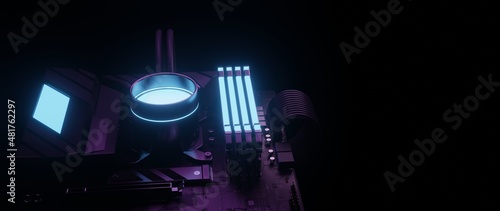 3D Rendering of PC computer mother board with CPU and RAM decorated with gaming style RGB. For IT product advertising, game cast background or wallpaper
