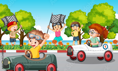Park scene with children racing car