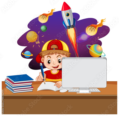 Young boy studying in front of laptop with space objects