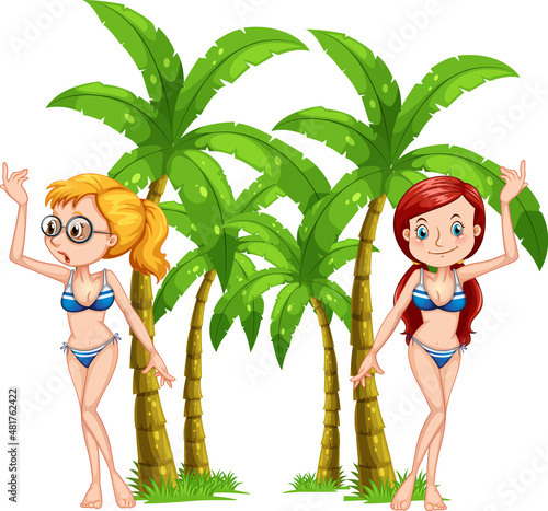Two girls in swimsuits with palm trees