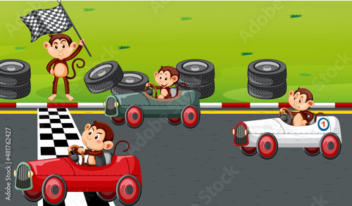 Race track scene with monkey racing drivers