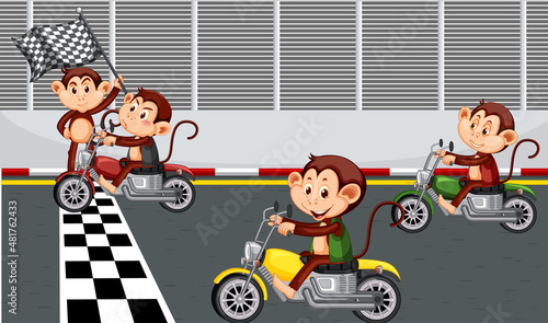 Race track scene with monkeys riding motorcycles