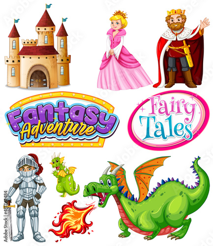 Set of dragons and fairy tale cartoon characters