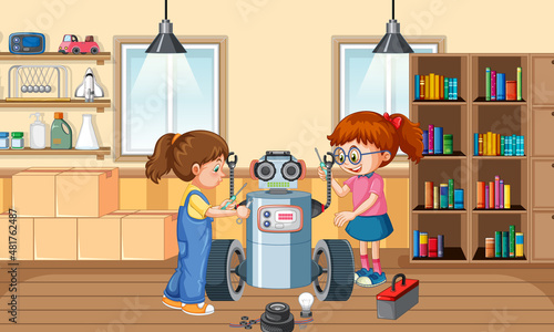 Children fixing a robot together in the room scene