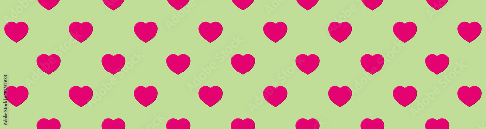 Seamless pattern. Pink heart on pastel pea backgrounds. symbol of love. Template for application to surface. Banner for insertion into site. 3d image. 3d rendering