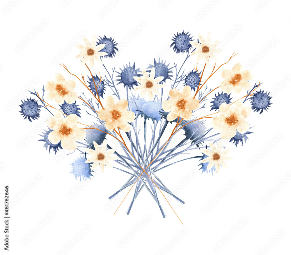 Watercolor bouquet with wildflowers. Winter Wedding Bouquet Watercolor bouquet with wildflowers. Winter Wedding Bouquet