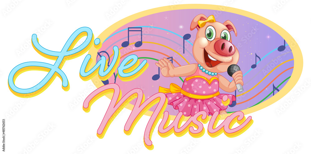 Live Music logo with little pig singing Live Music logo with little pig singing