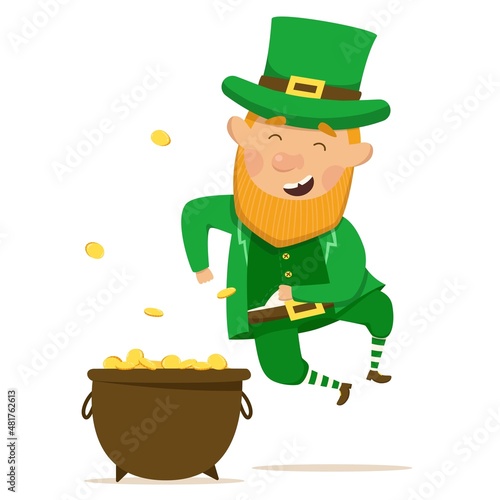 Cheerful and happy leperchaun with a full pot of gold. St.Patrick 's Day. Vector Illustration on a white background