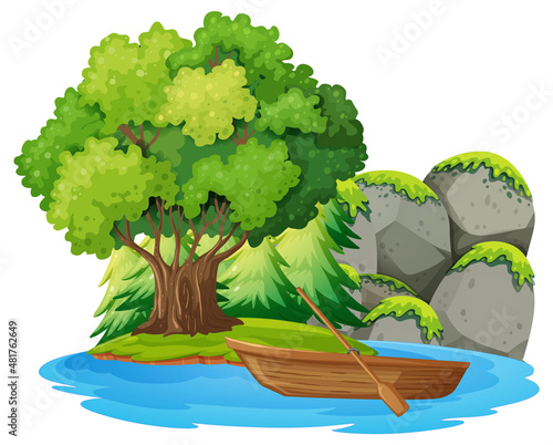 isolated island landscape with wooden boat