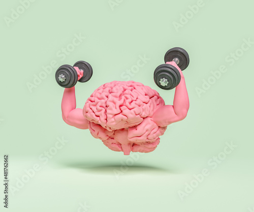 brain with muscular arms and dumbbells in hands photo