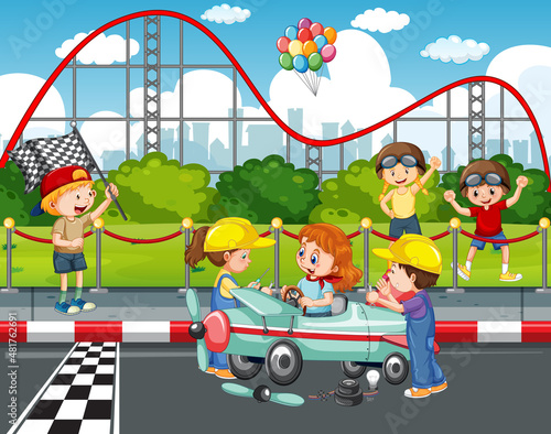 Outdoor scene with children racing car