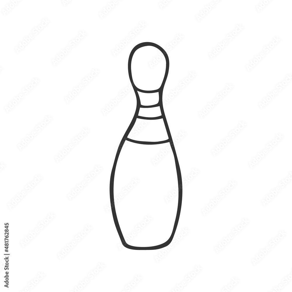 Single hand drawn bowling pin. In doodle style, black outline isolated on white background. Cute element for card, social media banner, sticker, print, decoration kids playroom. Vector illustration Single hand drawn bowling pin. In doodle style, black outline isolated on white background. Cute element for card, social media banner, sticker, print, decoration kids playroom. Vector illustration