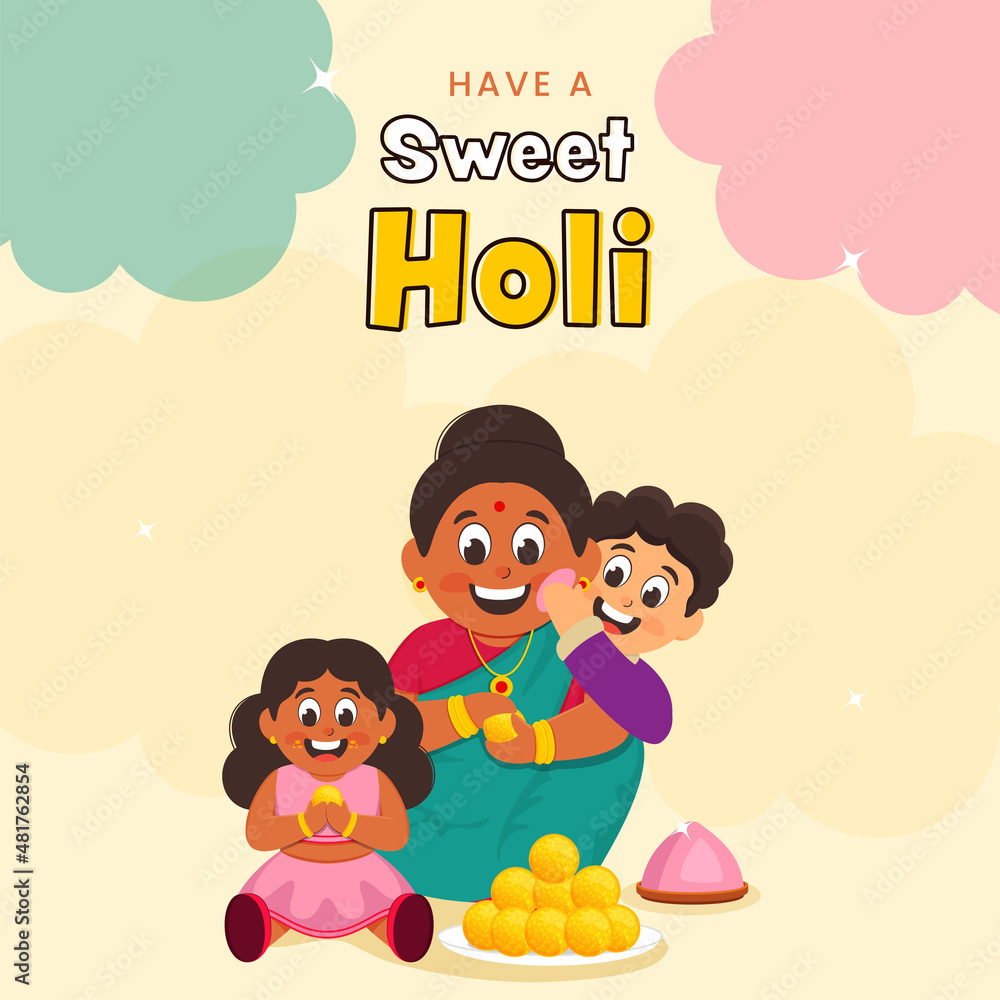 Cheerful Indian Woman With Her Kids Eating Sweets (Ladoo) On The Occasion Of Holi Celebrate. Cheerful Indian Woman With Her Kids Eating Sweets (Ladoo) On The Occasion Of Holi Celebrate.