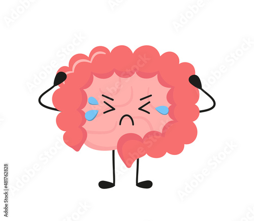 Kawaii character of small and large human intestine. Unhealthy cry gut character. Bowel diseases - SIBO, leaky gut syndrome, cancer or candida growth. Vector illustration isolated on white background.