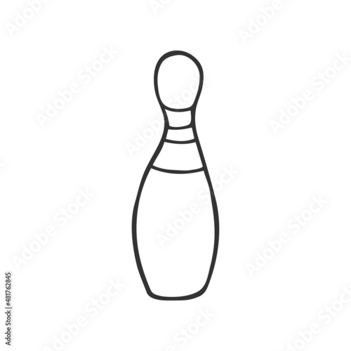 Single hand drawn bowling pin. In doodle style, black outline isolated on white background. Cute element for card, social media banner, sticker, print, decoration kids playroom. Vector illustration