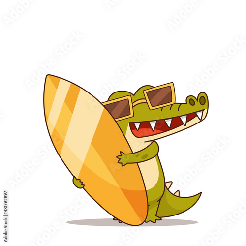 Cool crocodile with a surfboard. Summer, sunglasses. Vector illustration for designs, prints and patterns.