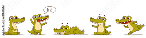 Cool set of crocodiles. Standing, sitting, lying, running, waving. Set for design in cartoon style. Vector illustration for designs, prints and patterns. Vector illustration © EnyaLis