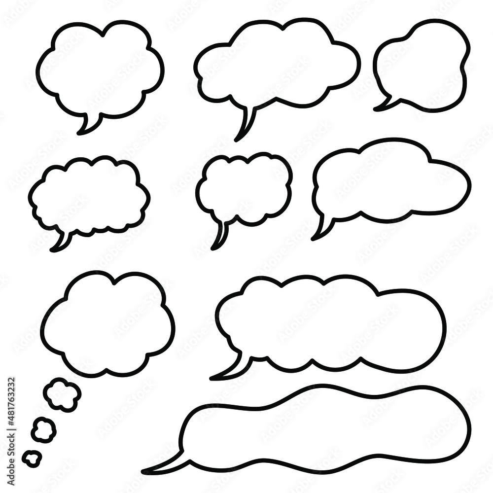 Comic Speech bubble. Hand drawn doodle cloud text. Message, conversation, communication shape. Stock vector black and white set illustration. Comic Speech bubble. Hand drawn doodle cloud text. Message, conversation, communication shape. Stock vector black and white set illustration.