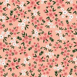 Beautiful vintage pattern. Small white and pink flowers, green leaves. Light pink background. Floral seamless background. An elegant template for fashionable prints.