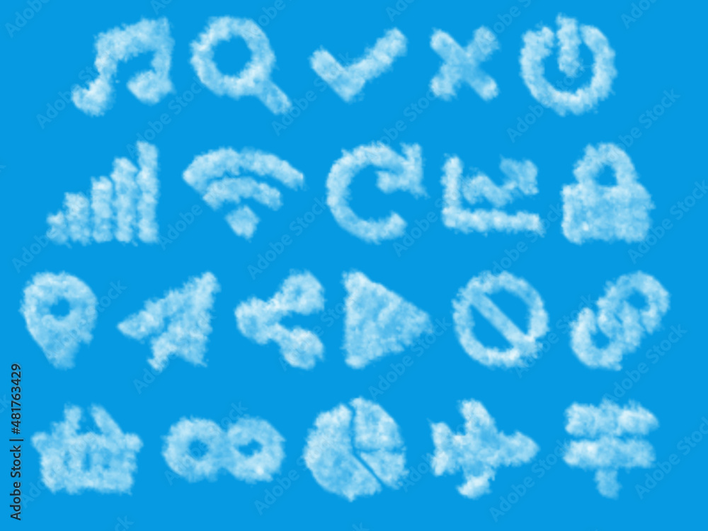 clouds in the shape of icons and web, network symbols and social icons