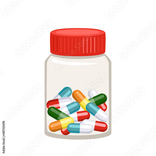 Colored capsules and pills in a transparent jar isolated on a white background. Medicine vector illustration in cartoon flat style. Icon.