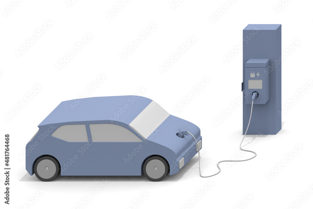 Charge the EV car. A charger is installed on the side of the road. Charge the battery from the charging stand. A car that considers the natural environment.