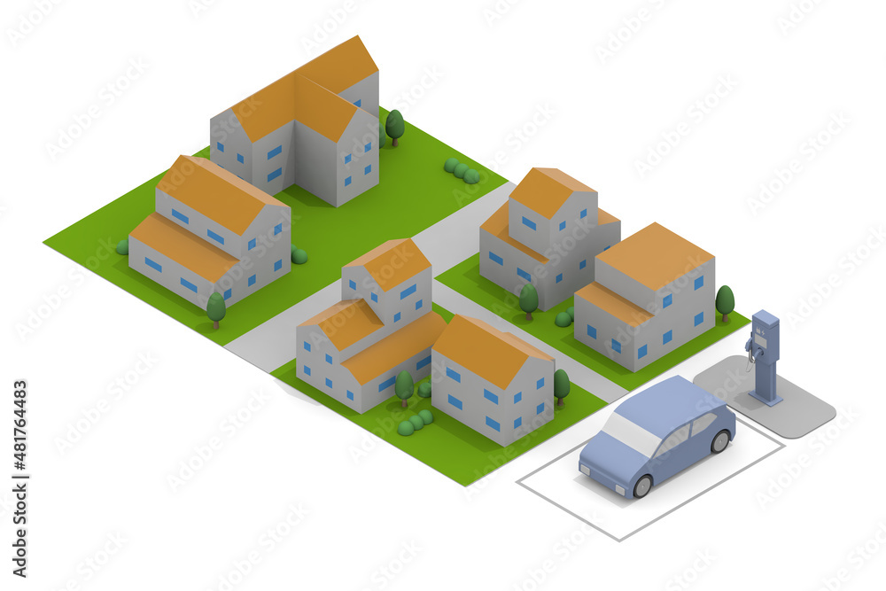 Electric car and charger. EV car and charging stand being charged. Use the charging spot installed on the road. Electric car and charger. EV car and charging stand being charged. Use the charging spot installed on the road.