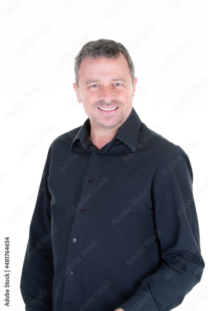man with beard standing on white background middle age guy in black shirt man with beard standing on white background middle age guy in black shirt