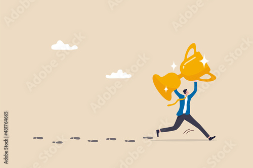 Success footprint, story from leader or winning entrepreneur, motivation to learn how success people achieve target concept, success businessman carrying big trophy walking leaving footprint to follow