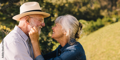 Quadro su tela Elderly couple smiling at each other and expressing their love