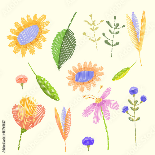 A set of plant elements - leaves, flowers in the style of embroidery icons for design. Vector illustration